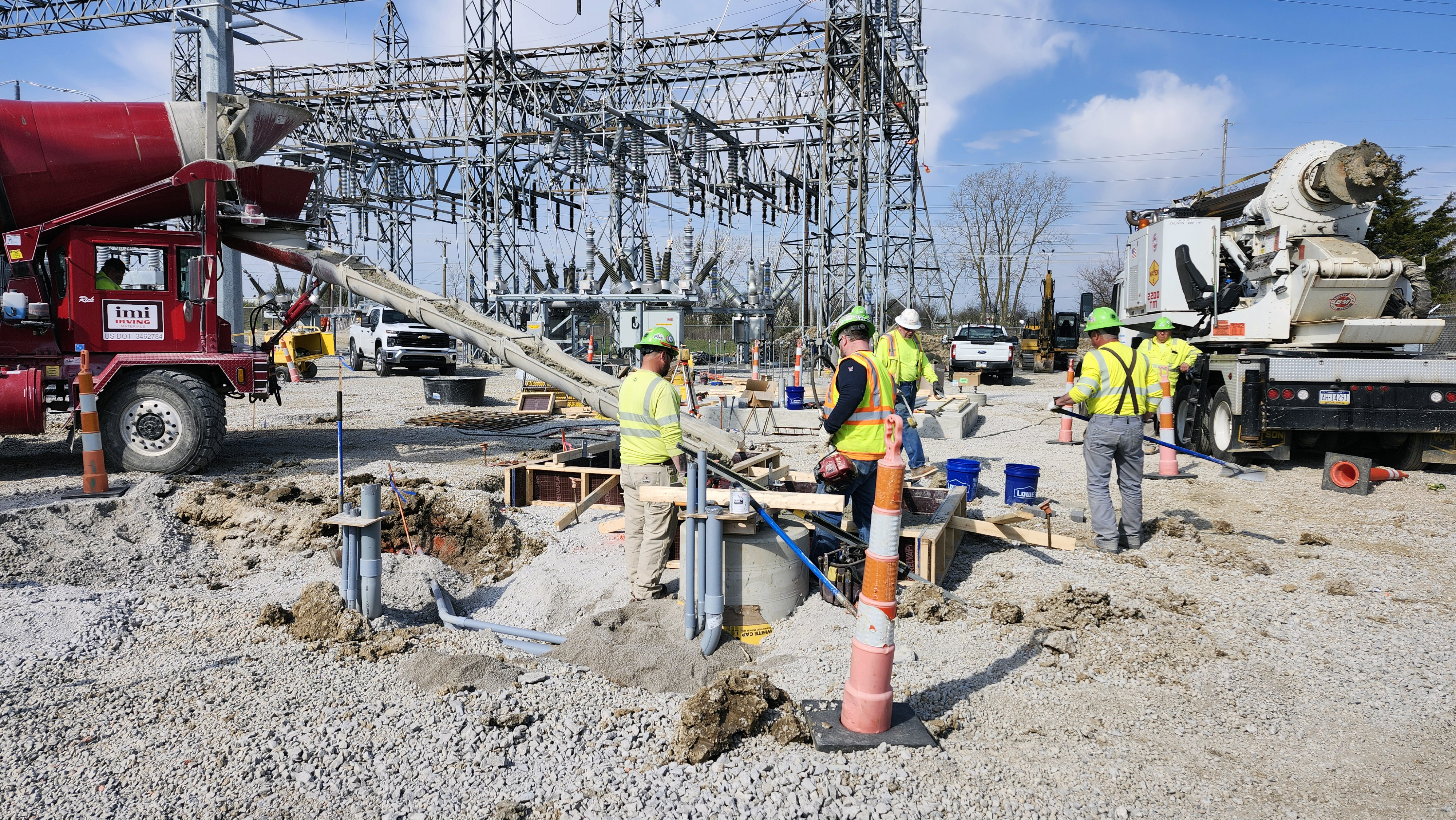 Bruce & Merrilees union electricians pour foundations that will support upgrades at this utility substation in Fort Wayne IN.