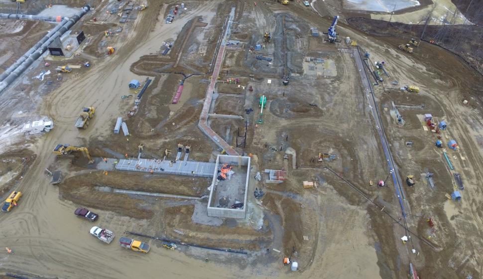 An overhead drone look at the site of the future Hickory Run Power Plant