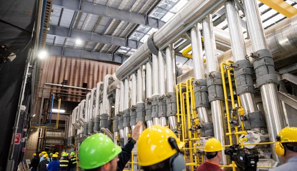 The new walking beam furnace at NLMK is seen during a tour for retirees on Wednesday in Farrell.